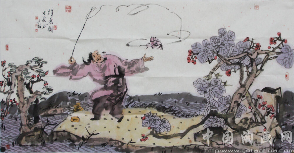 作者：于受万 国画作品《得鱼图》 画家简介: 于受万1943年生于山东牟平，中国美术家协会会员、研究员、山东画院高级画师，山东理工大学兼职教授、淄博市美协名誉主席、现为北京金大都画院副院长。