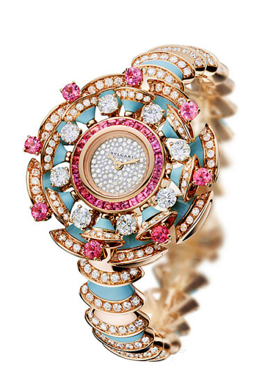 BVLGARI宝格丽DIVA高级珠宝腕表，玫瑰金镶嵌钻石、碧玺与绿松石。