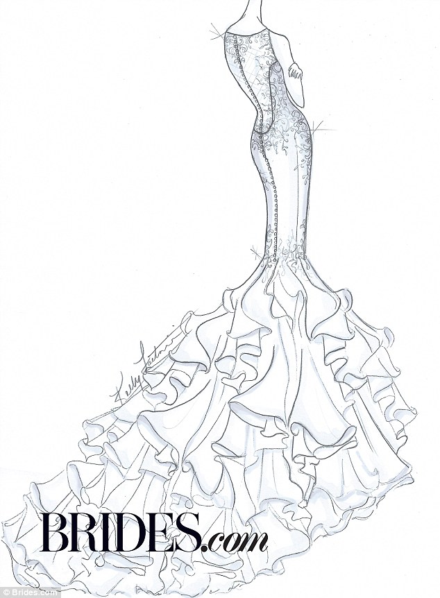 Designer Kelly Faetanini imagines Kim in a mermaid-style gown, sketching a 'dramatic fit-to-flare silhouette in silk georgette with endless flowing flounces'
