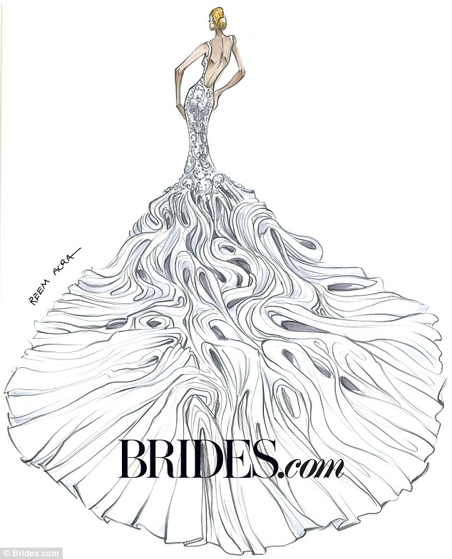 Red carpet favorite Reem Acra designed a magnificent wedding gown with an open back and elaborate train