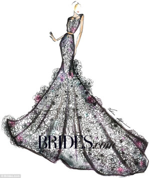 Designer Val Stefani stepped away from white, instead sketching a dramatic two-piece gown in black lace featuring pops of unexpected fuchsia embroidery