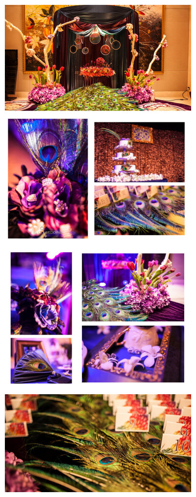 孔雀羽毛的灵动和优雅的紫色，让一切都闪闪发光，整场婚礼的用色大胆，再配以柔和的紫色灯光，打造了一场精致而又惊艳的视觉盛宴！