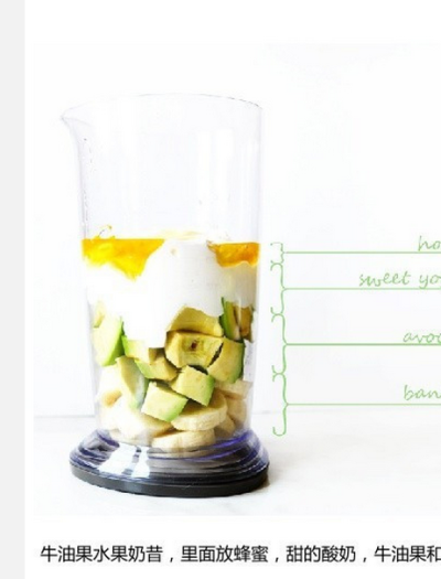 【牛油果水果奶昔】搅拌机中放入蜂蜜、甜的酸奶、牛油果和香蕉～
