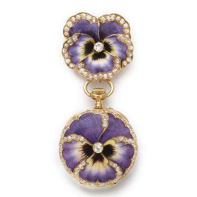 ntique Pansy Watch Pendant Brooch Gold, enamel, and diamond pansy brooch suspending a matching pansy watch. American, ca. 1900