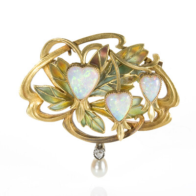 Gaston Laffitte Art Nouveau Gold Brooch A French Art Nouveau 18 karat gold brooch with 3 heart shaped white opals accented by a freshwater pearl and diamond drop by Gaston Laffitte. The heart shaped o…