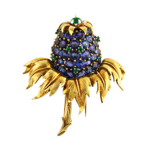 1960s Schlumberger Sapphire and Emerald ‘Thistle’ Brooch 18 karat yellow gold, sapphire and emerald ‘Thistle’ Brooch by Schlumberger for Tiffany &amp;amp; Co.,