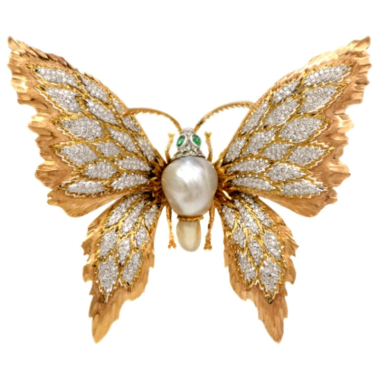 uccellati Pearl Emerald Diamond Gold Butterfly Lapel Brooch