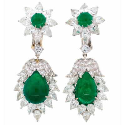 David Webb Emerald Diamond Platinum Earrings c1970s