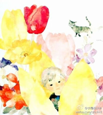 @求是设计会 #求是爱绘画#岩崎千寻的一组以孩子为主题的作品，淡淡的明亮鲜艳的水彩画