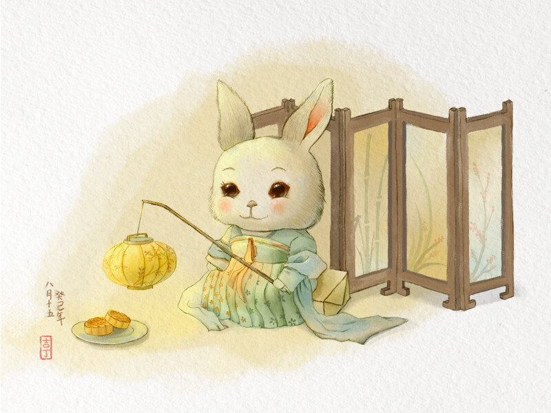 #漫画汉服#中秋十五吃月饼——穿汉服的小兔子
