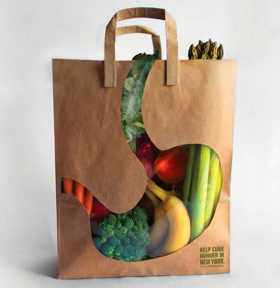 纸袋设计|City Harvest 纸袋设计 。James Kuczynski 和Dana Tiel为城市丰收（City Harvest）项目设计的纸袋。袋子做了一个胃和消化道的切口，露出了里面的水果和蔬菜。旨在提醒人们捐赠食物给城市丰收项目，帮助饥饿…