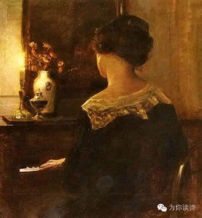 图为丹麦画家Carl Vilhelm Holsoe的作品《弹钢琴的女子》。指尖弹奏的音乐是内心的镜子，镜中的自己永远是最熟悉的陌生人。