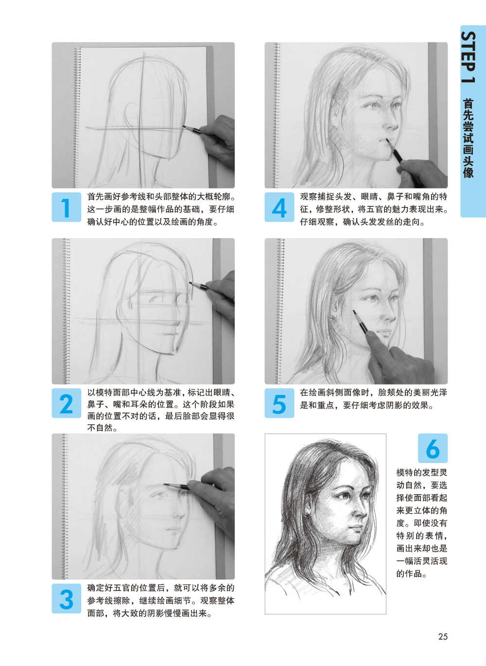 斜侧面人物头像实例。摘自《素描画人物就这么简单》