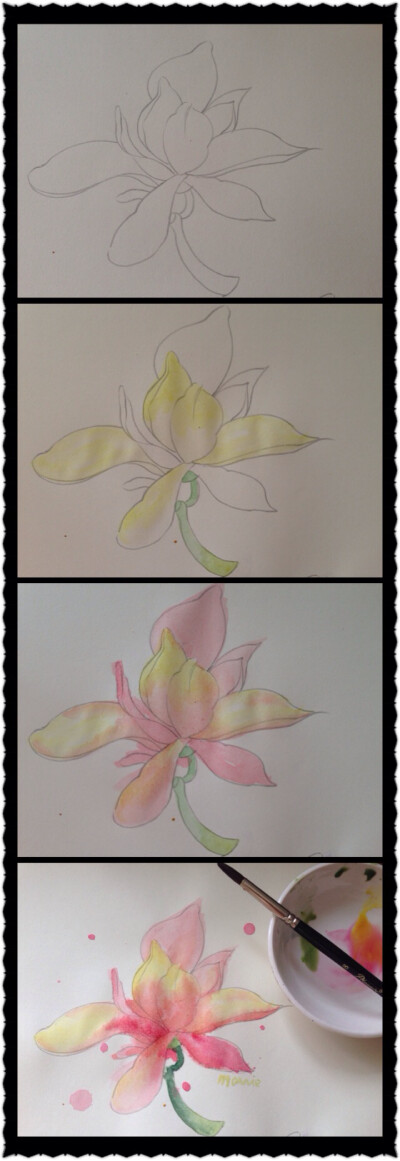 跟前面那张木兰线稿一样，先用柠檬黄加大量水将花瓣染色，再用大红和玫瑰红加大量水染花瓣，注意要将花瓣分别染上不同颜色，最后用深一些的深红画出花瓣暗色