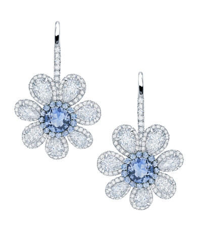 Martin Katz Blue Sapphire &amp;amp; White Diamond Flower Earrings set in 18k white gold