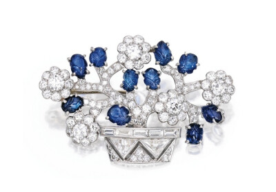 Property from the Estate of Katharine Hepburn – Platinum, Diamond and Sapphire Jardinière Brooch, Trabert &amp;amp; Hoeffer-Mauboussin – Designed as a charming flowering plant set with two triangle-…