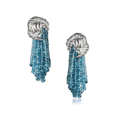 Verdura Plume Earclips Platinum mountings set with 58 round brilliant-cut diamonds and approximately 100 carats of aquamarine briolette beads.