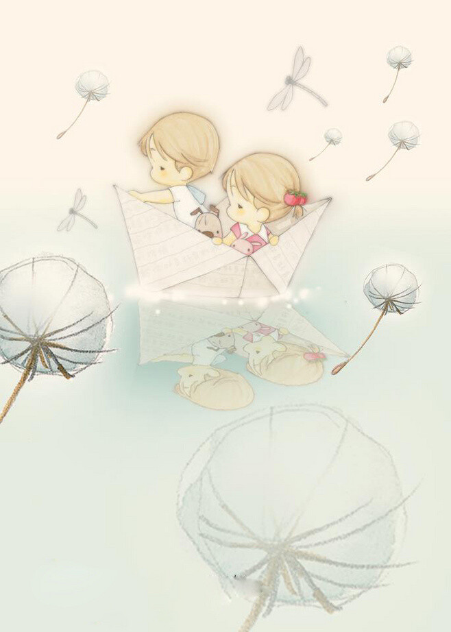 #一个小女孩和小男孩的故事#我们一起坐上纸船，在蒲公英飘荡的海面徜徉。