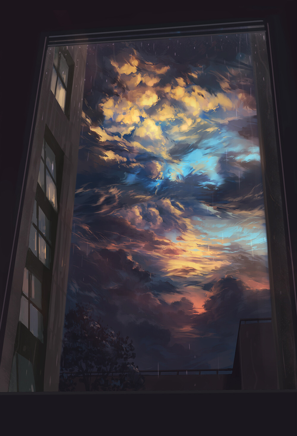 p站 插画 原创 场景 夕焼け 风景 晚霞 雨 画师：幻想絵風 id=43358079