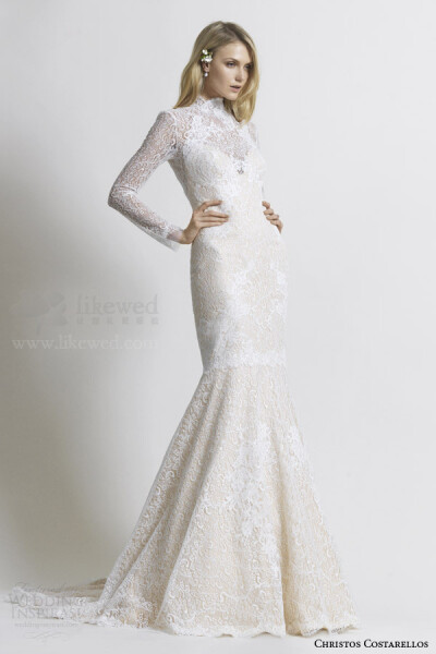 Christos Costarellos 2014婚纱系列，Christos是梦幻唯美的代名词，精良的丝绸、乌干纱和蕾丝，尤其是蕾丝，如艺术品般精致完美，且毫无琐碎感，象牙白的色泽显得优雅经典。
