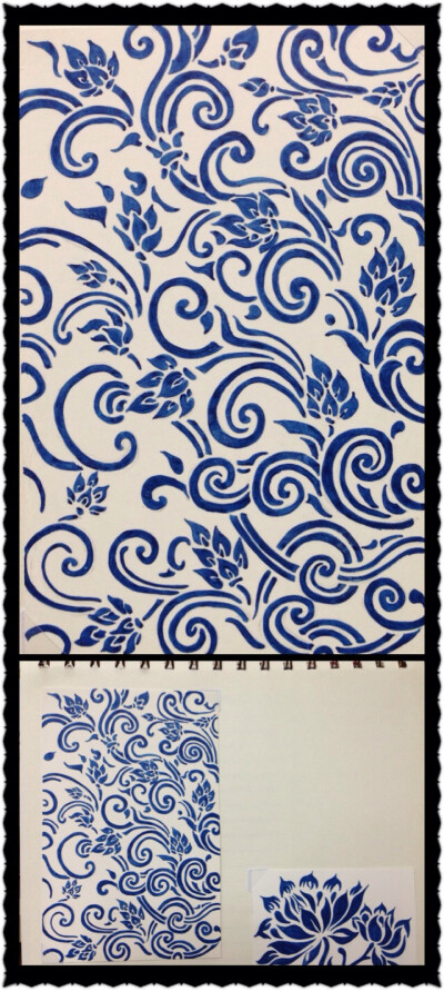 莲的纹样，用这个蓝色画纹样好漂亮Y(^_^)Y（不过…啪！忘记拍过程拉……）