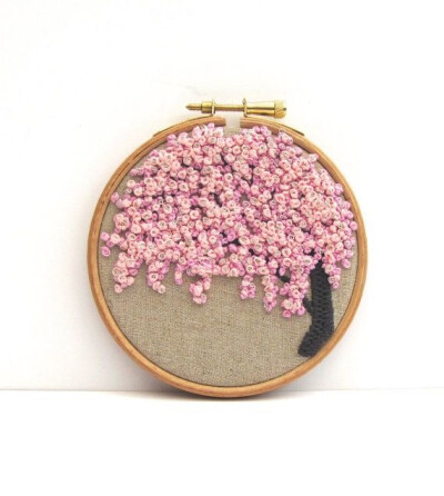 Hand Embroidery Hoop Art . 4 x 4 Inch. Pretty In Pink. Sweet Blossom Tree. Ready For Display by mirrymirry