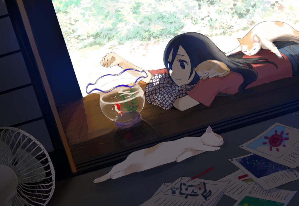 猫と金魚鉢 p站 二次元 插画 少女 头像 手绘 猫 和 金鱼缸
