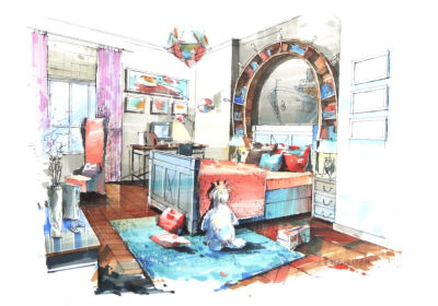 绘晨手绘 手绘效果图 室内手绘效果图 卧室手绘效果图 儿童房手绘效果图