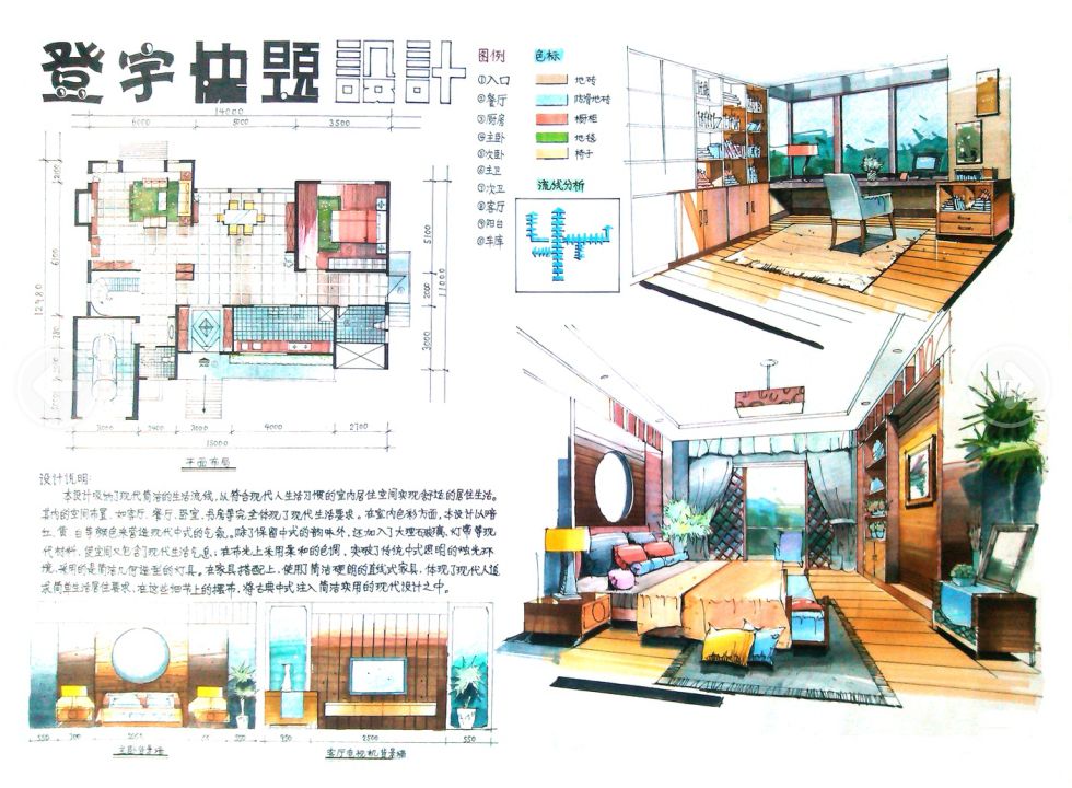 绘晨手绘 室内效果图 室内手绘效果图 客厅效果图 室内手绘快题设计 考研快题设计