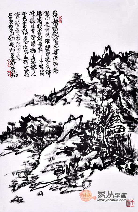  其焦墨山水画“以书入画，特别是以草书的笔法入画，笔走龙蛇，纵情挥洒，以多姿的墨与线结合，泼墨酣畅，千变万化，收放自如，把写意精神发挥得淋漓尽致。令画面浑然一体，达到了迹简意远，超然象外的境界。 焦墨画是一种高妙的画体，它是指中国画中一种不借助或少借助水的渗化作用。赵亚铭焦墨山水画不敷彩或敷淡彩的画法，是中国画最古老的画法。焦墨画属于中国画传统分类(工笔、写意、兼工带写 )中的“写意” 画，写意画讲求神似，主张用意第一，所谓“笔不到意到，笔断意连，意断神连”，是中国画的最高境界。http://www.yczihua.com/goods-1567.ht