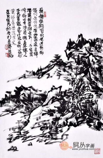  其焦墨山水画“以书入画，特别是以草书的笔法入画，笔走龙蛇，纵情挥洒，以多姿的墨与线结合，泼墨酣畅，千变万化，收放自如，把写意精神发挥得淋漓尽致。令画面浑然一体，达到了迹简意远，超然象外的境界。…