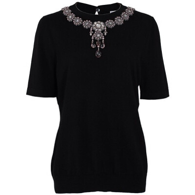 Oscar de la Renta Short Sleeve Jewel-Embroidered Neck Pullover Top