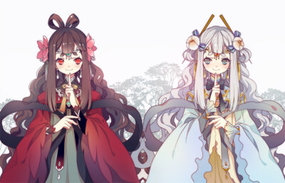  p站 二次元 插画 少女 头像 原创 双子 萌 人物设定 古风 画师：みえこ 小野咩子 id=43749157