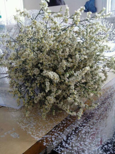 2014-4-14 与满天星酷似的水晶花，花店包得非常漂亮 ，是白点塑料纸加白黄色彩结