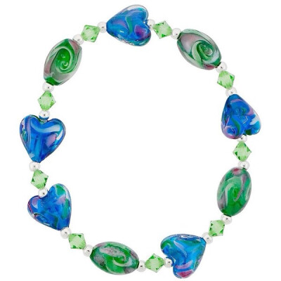 Blue &amp;amp; Green Glass Heart Bead Bracelet