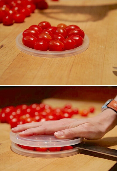 31. Cherry Tomato Hack I usually just pop these in whole, but if you are using them for a salad or other dish, here is a trick using 2 plastic lids to cut them quickly! Make sure you are using a large…