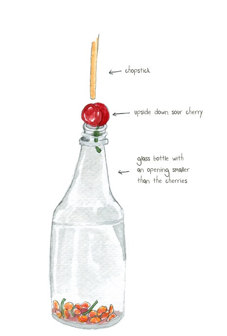 16. The Easy Way To Pit A Cherry Cherry pie anyone? With this clever tip, you might actually want to make one! Use a chopstick to poke the cherry pit out while still keeping the cherry in one whole piece. All of the pits go into the bottle, making clean up easy.