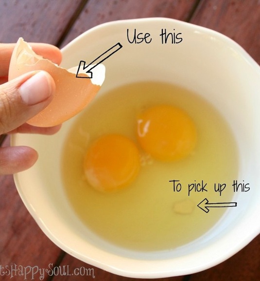 2. Scooping Up A Broken Shell It happens every time! I make eggs for breakfast just about every morning, and the brown organic eggs seem to break off into little pieces so much easier. Instead of fishing around with your finger to dig them out of your bowl (yeah, I do that), use one of the egg shell