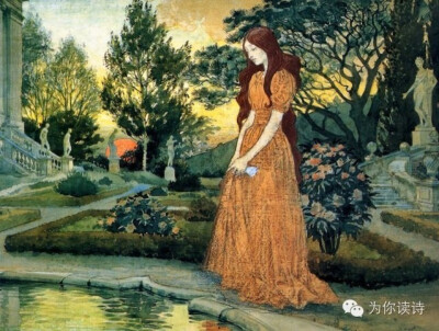 图为瑞士象征派艺术家欧仁·格拉塞的装饰艺术画《Girl In The Garden》。花自飘零水自流，一种相思，两处闲愁。此情无计可消除，才下眉头，却上心头。（李清照）