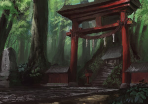 静寂 p站 二次元 插画 手绘 壁纸 风景 神社 森林