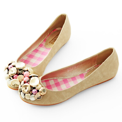 琪可朵甜美浅口纽扣串珠圆头女鞋单鞋低帮鞋平底鞋D