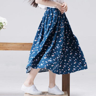 框框黛 夏季松紧腰半身裙子碎花小清新文艺纯棉半裙女