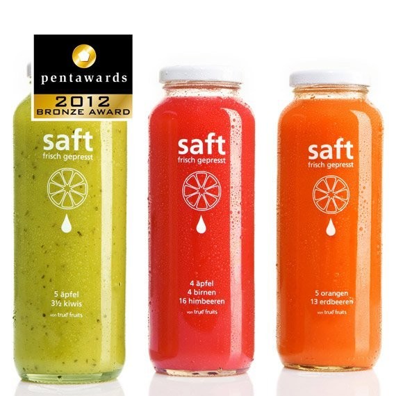 pentawards设计大奖——饮料包装类铜奖（果汁）品牌： saft – True fruits juice 设计机构：True fruits Gmbh. 国家：德国