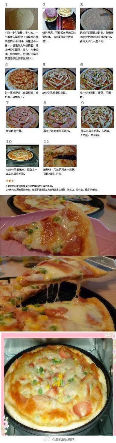 【DIY简单做出美味披萨】食材明细：高筋面粉、酵母、牛奶、盐、糖、马苏里拉奶酪、火腿、披萨酱（或番茄酱） 洋葱、玉米粒、青豆粒、黑胡椒..来试试吧！