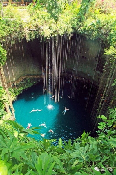 3、墨西哥奇琴伊察 塞诺特天坑 Ik Kil Cenote 游览完奇琴伊察遗址后必须要去的地方就是墨西哥天坑。这座自然天坑藤条缠绕，清泉下泻，水光涟滟，泉水叮咚，幽静祥和，如诗如画，是跳水游泳的好地方。