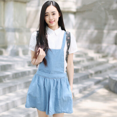 框框黛夏季松紧中腰背带短裤女士做旧纯棉牛仔布背带裙裤