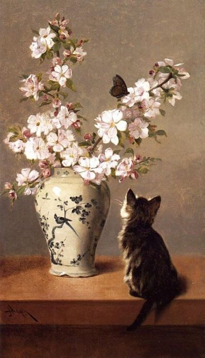 花瓶与猫 水彩