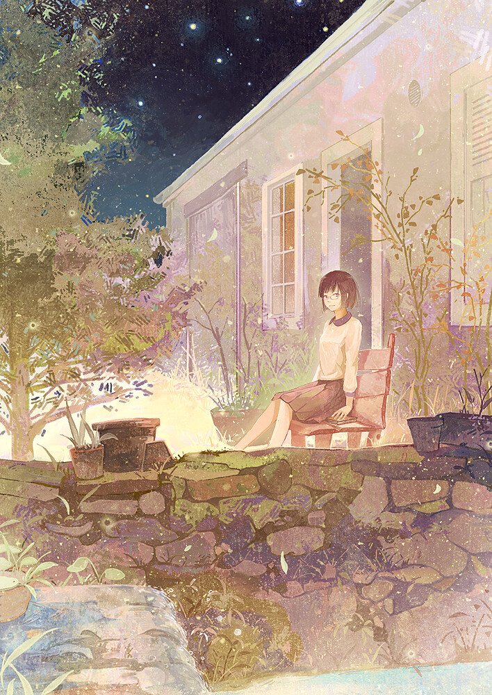 夜の庭 p站 二次元 插画 少女 腾讯 手绘 壁纸