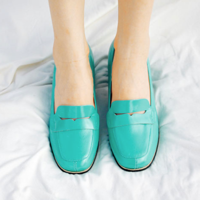 真纯油皮vintage英伦学院镂空 湖水天蓝色 复古着著风 方头乐福鞋