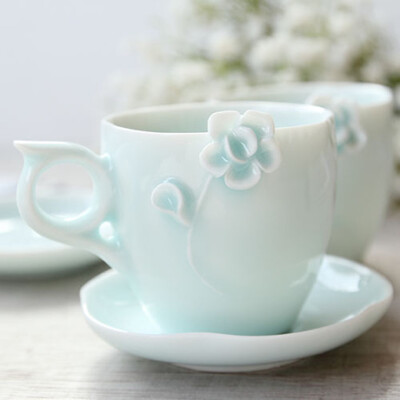 zakka青釉瓷杯 手工玫瑰雕花茶杯 青瓷咖啡杯 茶具杯子